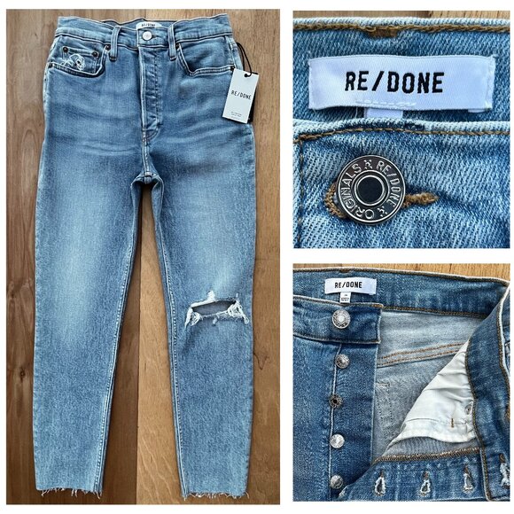 RE/DONE 90s HIGH RISE ANKLE CROP BUTTON FLY JEANS WOMEN’S sz 29 Frayed Hem NWT - Picture 1 of 16